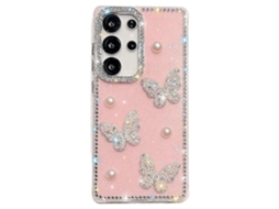 Capa Tkdaddy Para Samsung Galaxy S25 Ultra Com Strass E Borda De Pérola E Borboleta, Tpu Pc Imd, Capa De Celular Com Glitter Rosa Claro