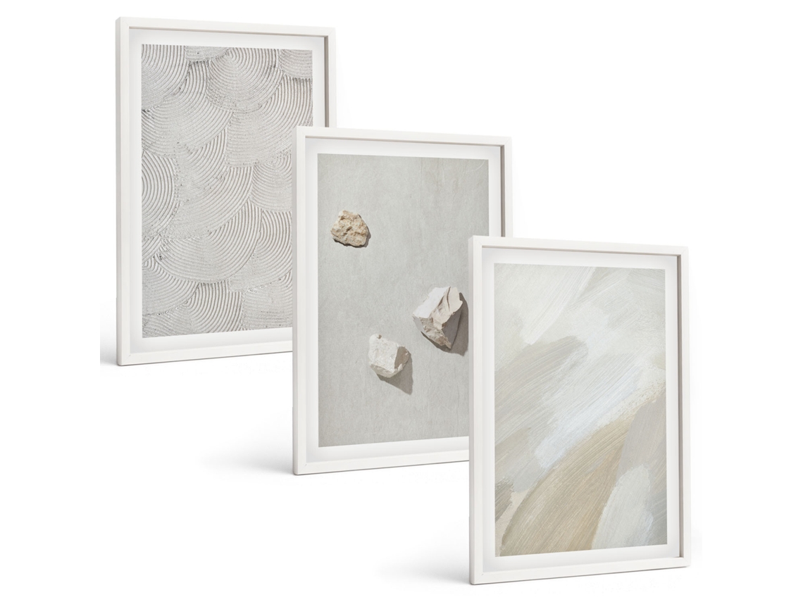 Composição De Quadros Na Parede Pedras De Areia, Pintura Moderna Moldura Branca Quadros Para O Escritório Espelharte (3 Piezas De 40x60 Cm)