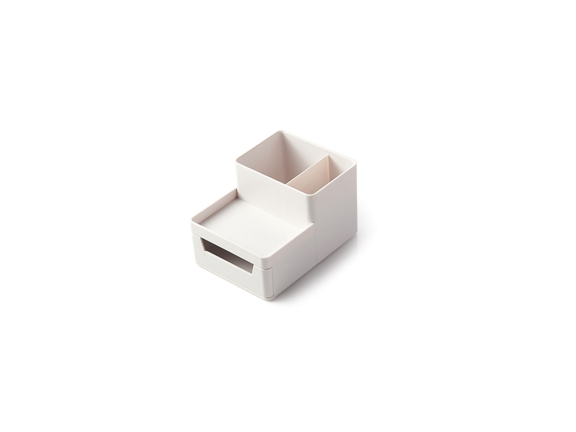 Organizador de mesa com gaveta e suporte para lapiseira A4, em resina ABS, cinza e branco.