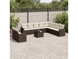 Vidaxl 11 Pcs Conjunto Sofás De Jardim C/ Almofadões Vime Pe Castanho