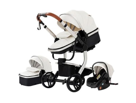 Carrinho 3 Em 1 Bebê Combinado Assento Coche Nacelle Trio Reversível Couro Pu Rodas À Prova De Furo Canejo Branco. Bazarland30