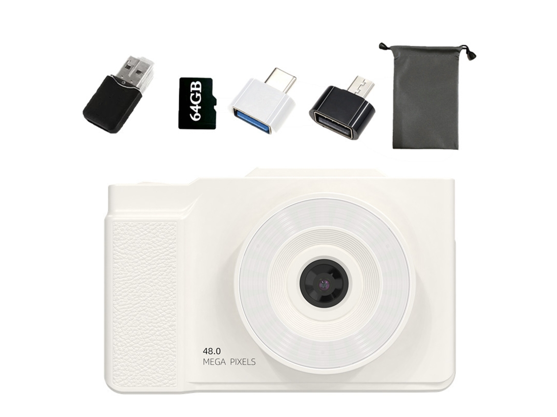 Câmera Hd 6400w, Presente Para O Dia Das Crianças, Branca (tela Articulada) + Cartão De Memória De 64 Gb + Leitor De Cartão + 2 Adaptadores + Bolsa