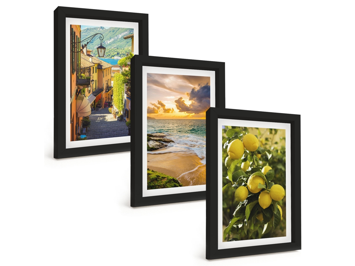 Quadros Decorativos Para Parede Ruas, Mar, Praia, Cítricos Moldura Preta Quadros Para O Escritório Espelharte (3 Peças 20x30 Cm)
