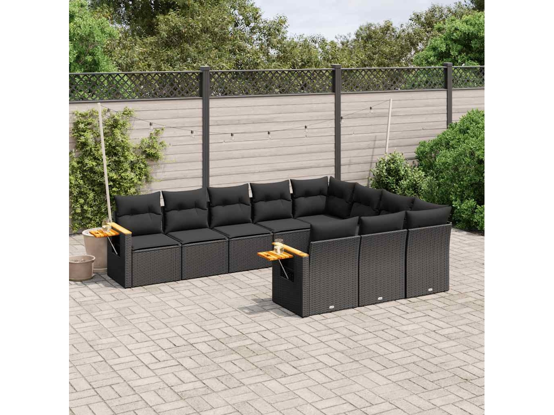 Vidaxl 10 Pcs Conjunto Sofás De Jardim C/ Almofadões Vime Pe Preto