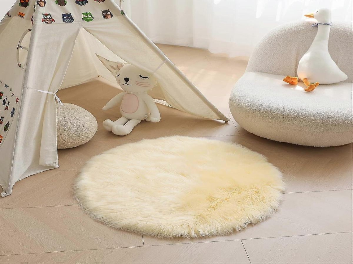 Lurelia Tapete Redondo Amarelo Claro, Lã Artificial 6cm, Verso Camurça