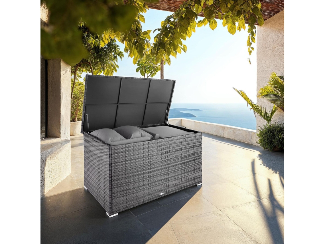 Baú De Arrumação Tectake Em Rattan Sintético E Alumínio, Com Pegas Laterais E Proteção Uv, Cinzento, 145 X 82,5 X 79,5 Cm
