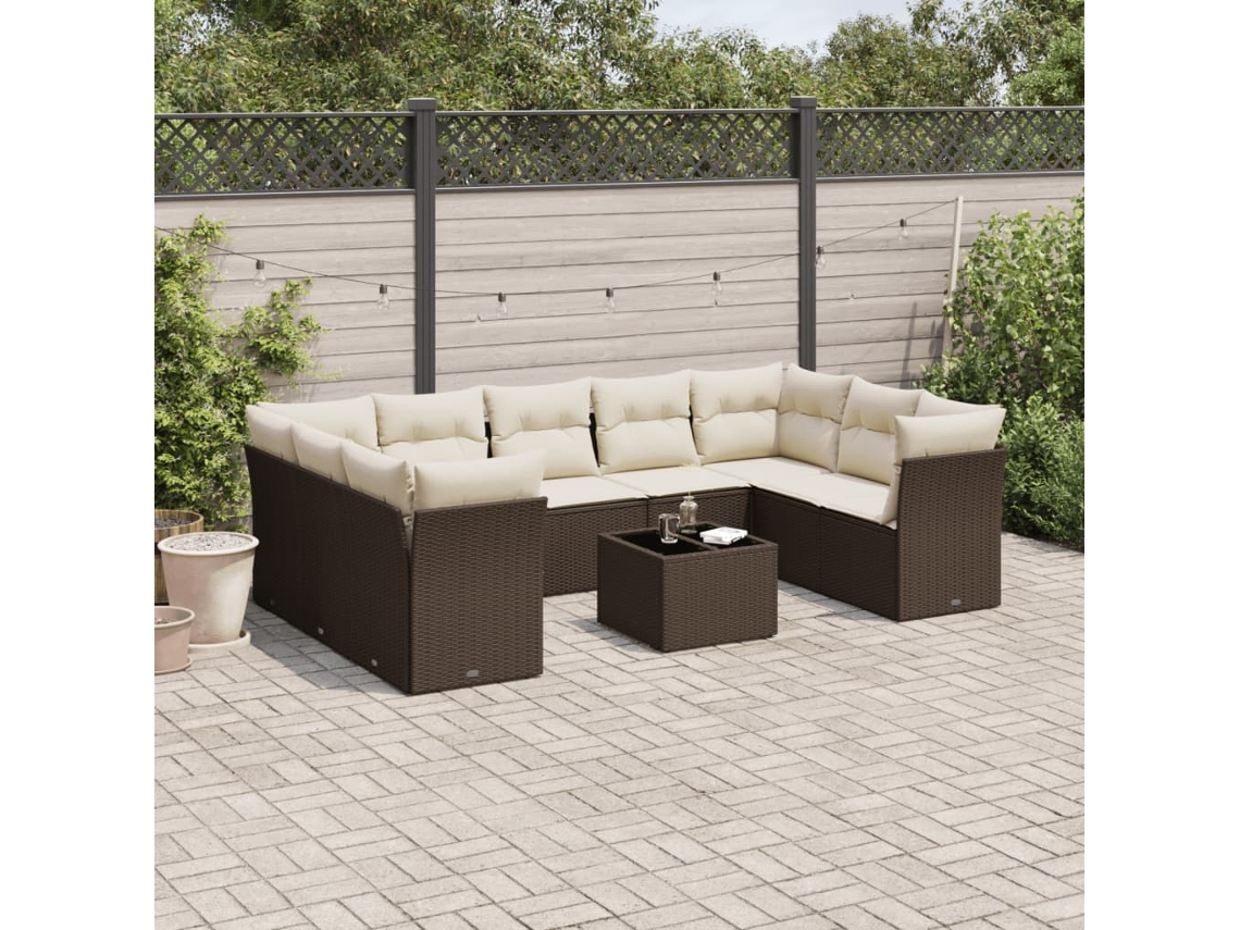 Vidaxl 10 Pcs Conj. Sofás Jardim Com Almofadões Vime Pe Castanho