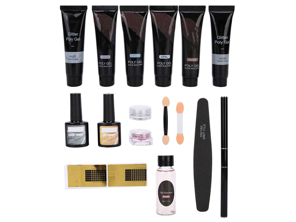 Conjunto De Ferramentas Para Alongamento De Unhas Com Gel Uv, Lixa, Pontas, Pó Glitter E Esmalte Base