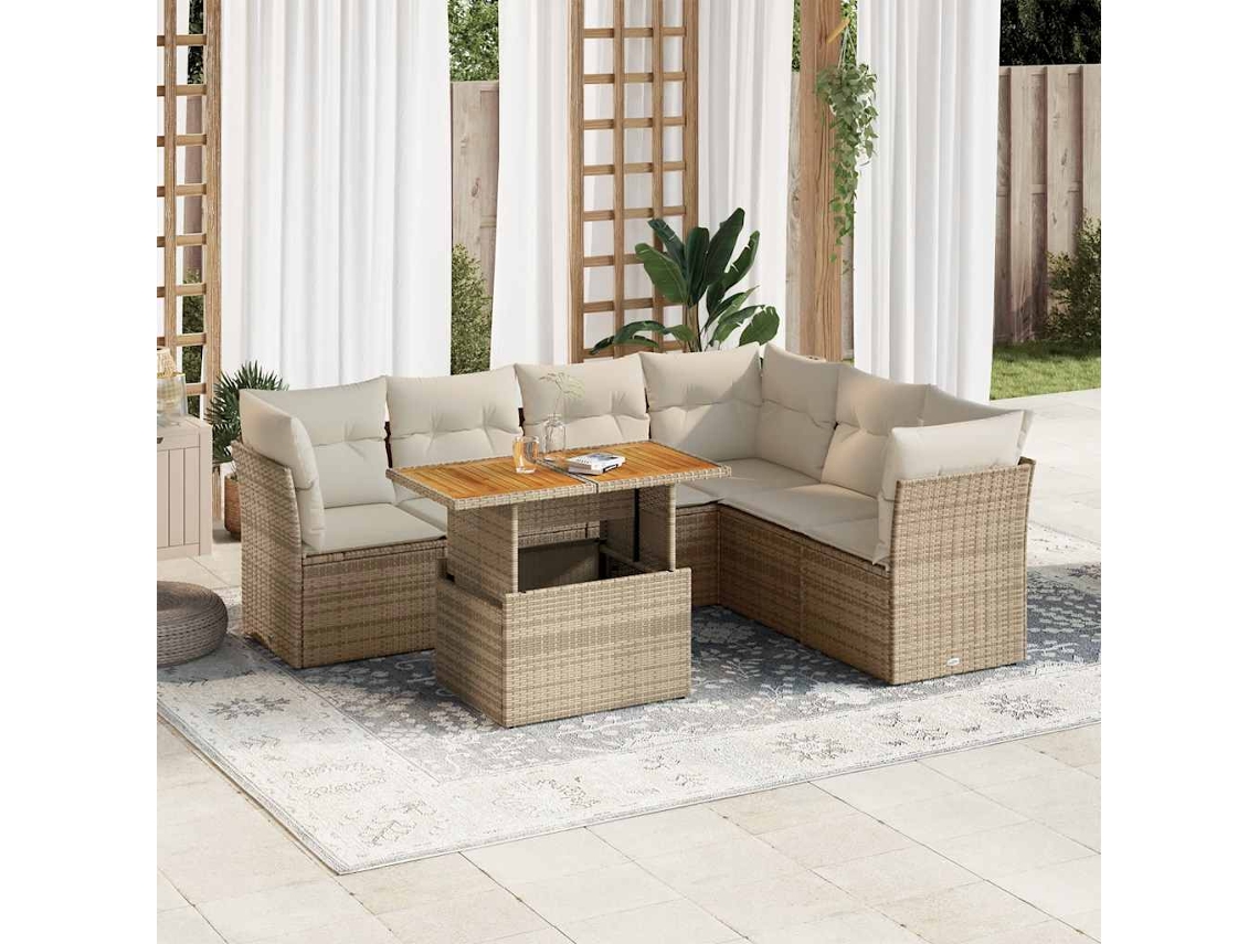 Vidaxl 7 Pcs Conjunto De Sofás P/ Jardim Com Almofadões Vime Pe Bege