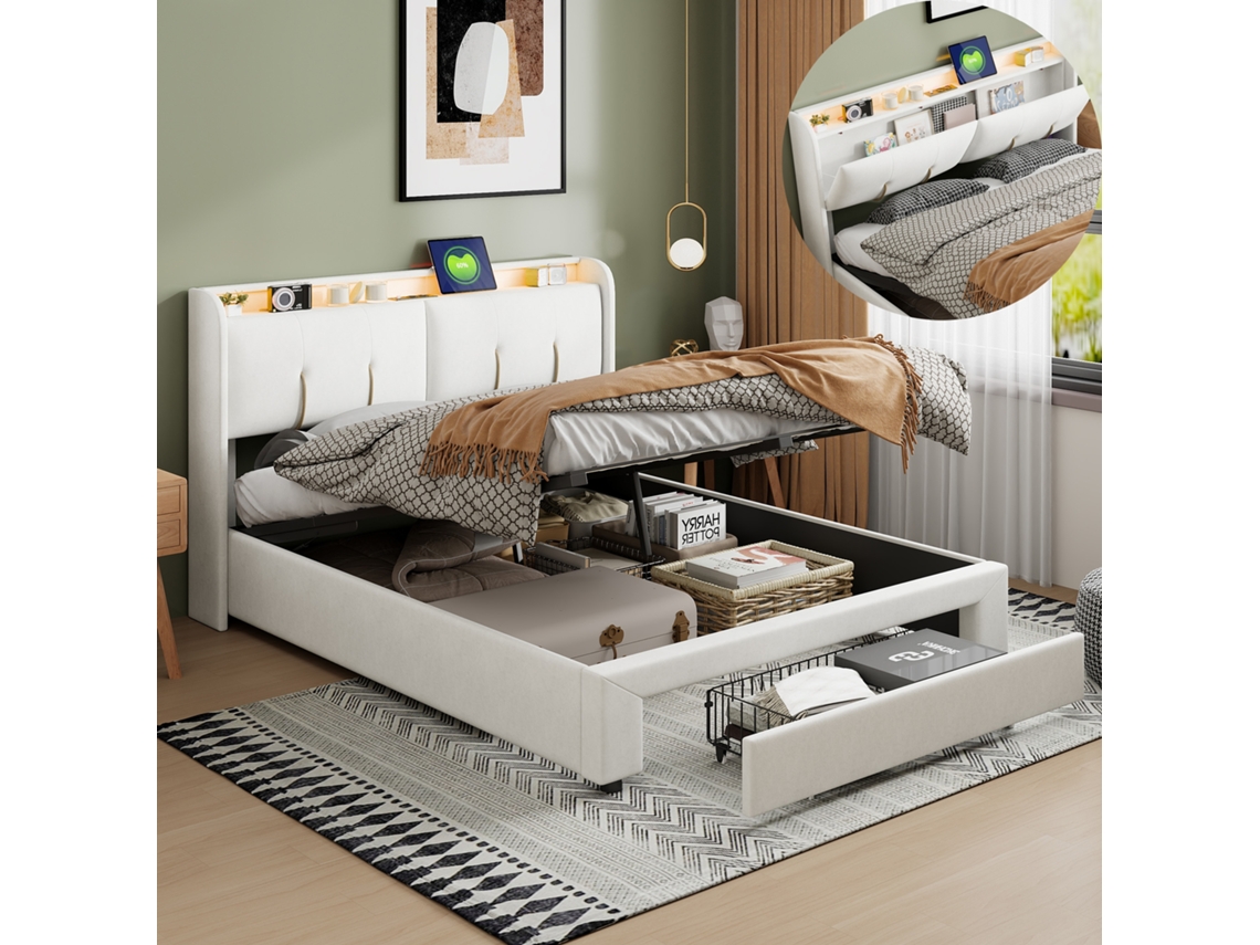 Cama de Casal 140x200 Cm Estofada com Armazenamento Hidráulica Led Usb Tipo C Veludo Bege Claro BURSDANY