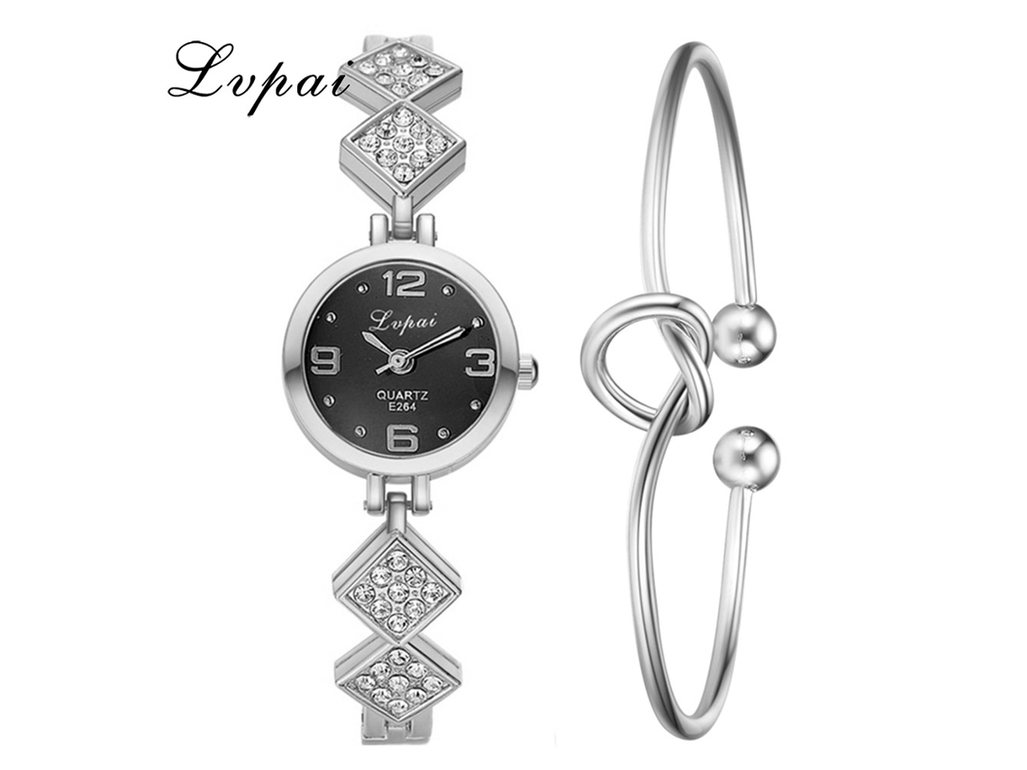 Relógio de Pulso Feminino de Quartzo Casual Pulseira com Strass Prata Preto Elegante