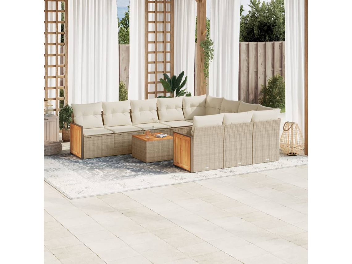 Vidaxl 11 Pcs Conjunto Sofás De Jardim C/ Almofadões Vime Pe Bege