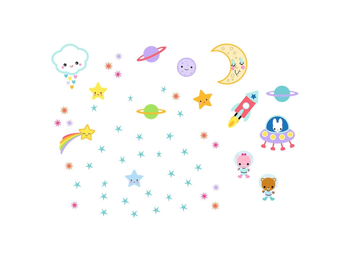 Omni adesivos de Parede com Design de Planetas, Nave Espacial, Animais, Lua e Estrelas para Dormitório, Sala de Jogos, Escritório