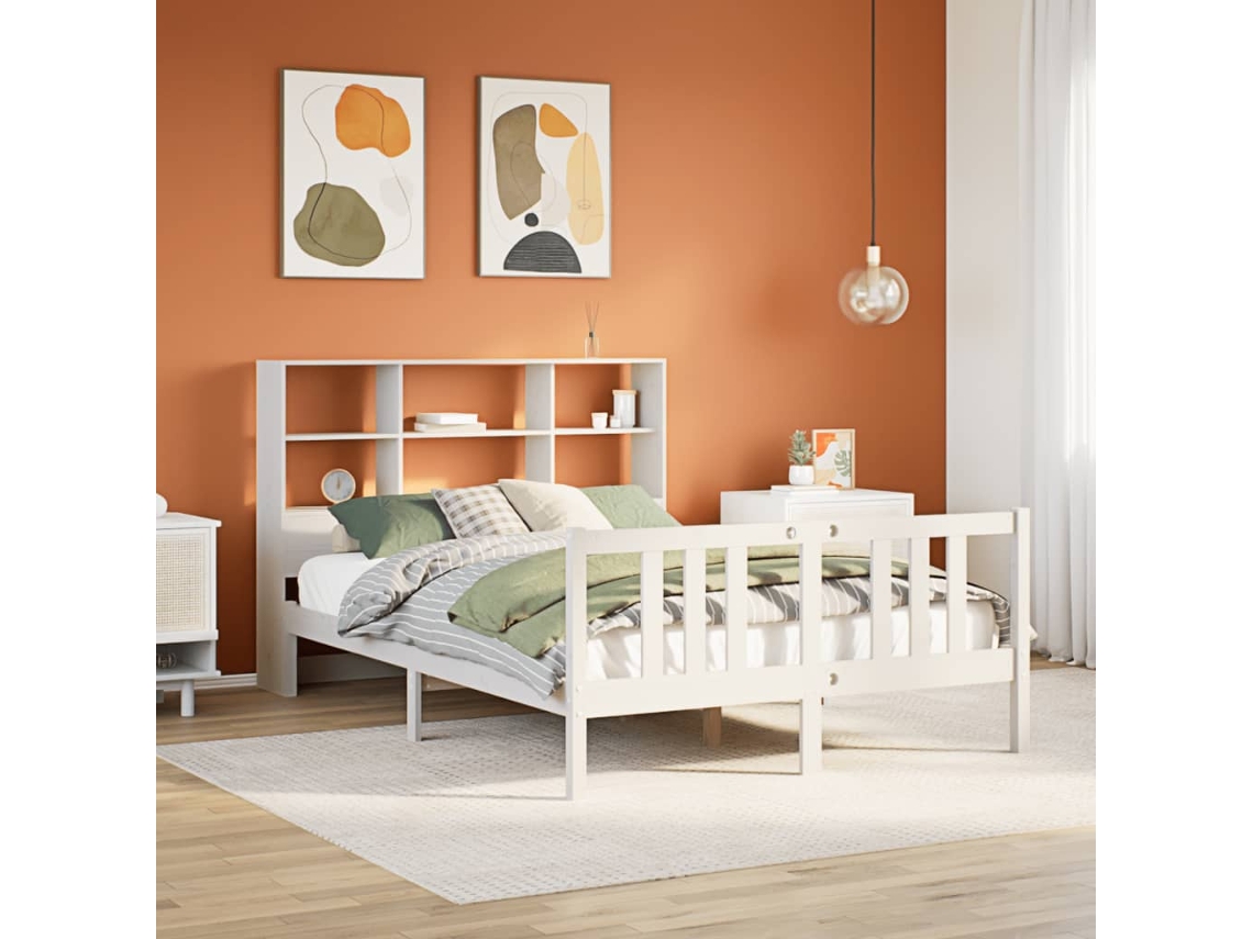 Cama Com Estante Sem Colchão 140x200 Cm Pinho Maciço Branco