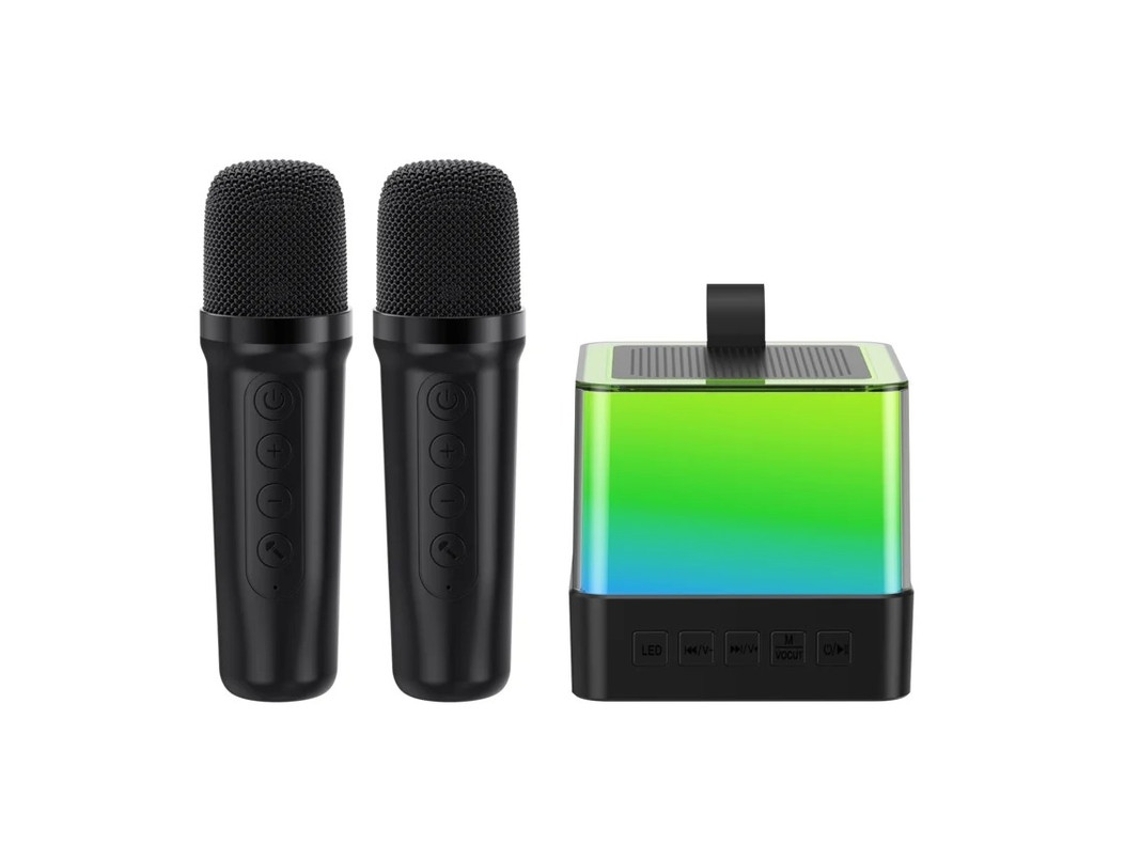 Mini máquina de karaokê portátil Yizhood com alto-falante Bluetooth de alta potência e microfone duplo com luz ambiente LED (preto)