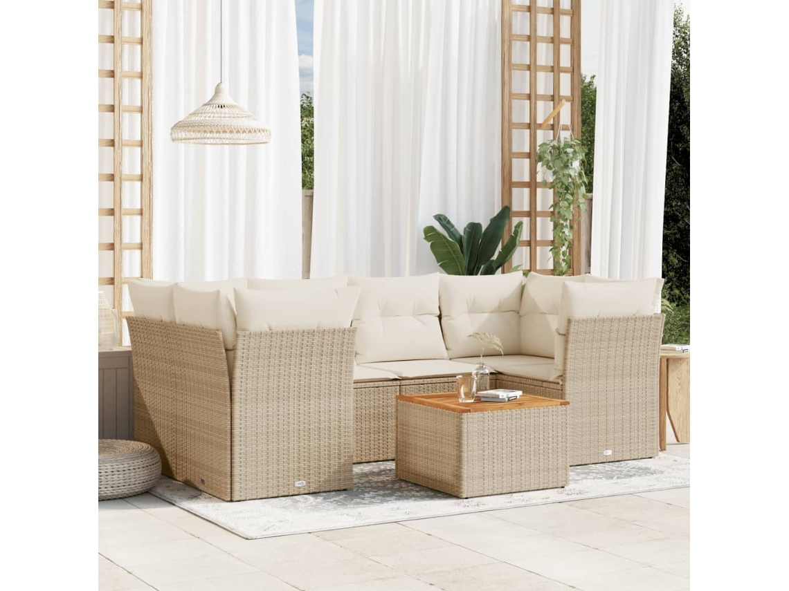 7 Pcs Conjunto De Sofás P/ Jardim Com Almofadões Vime Pe Bege Dkd Home Decor