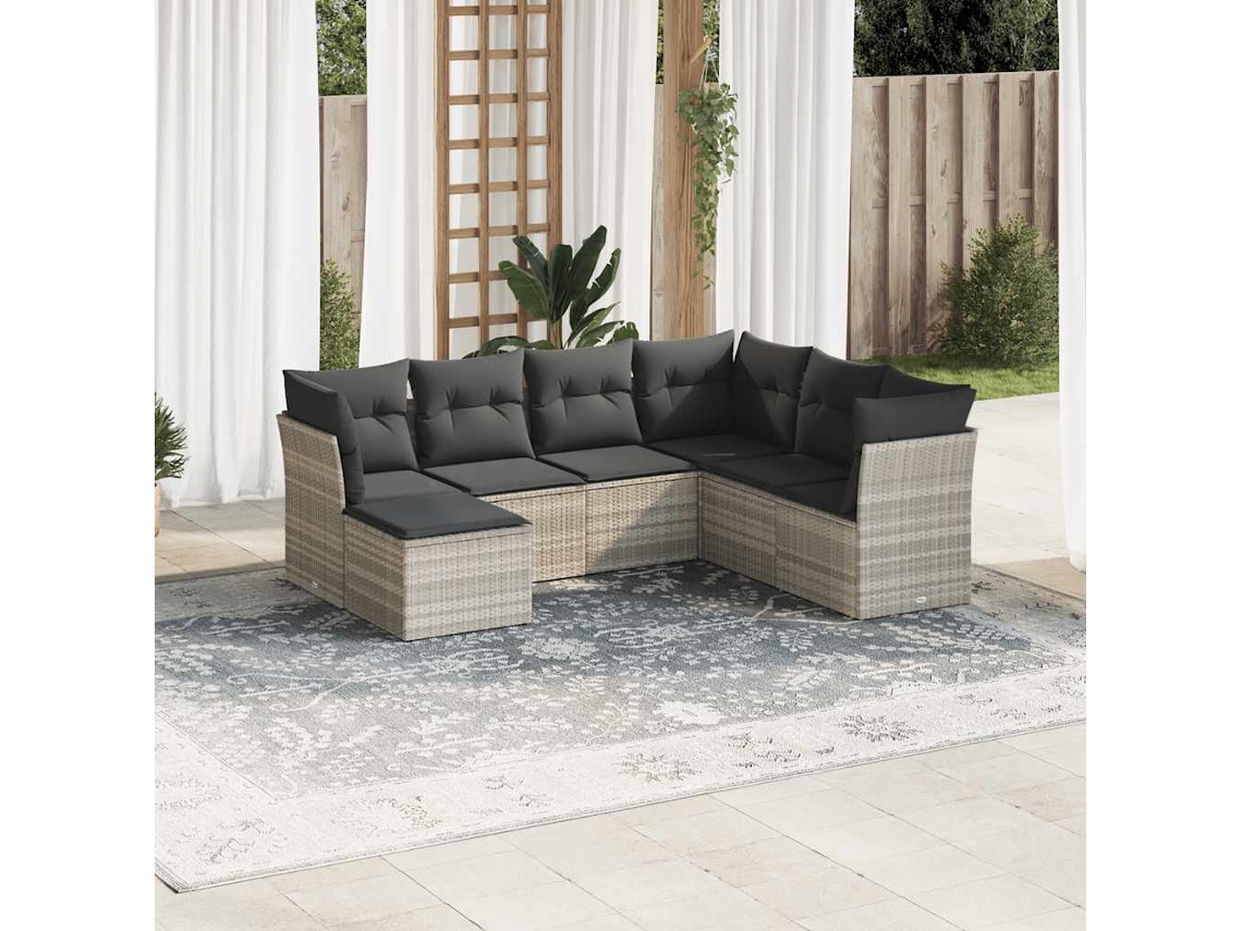 Vidaxl 7 Pcs Conj. Sofás Jardim com Almofadões Vime Pe Cinzento claro