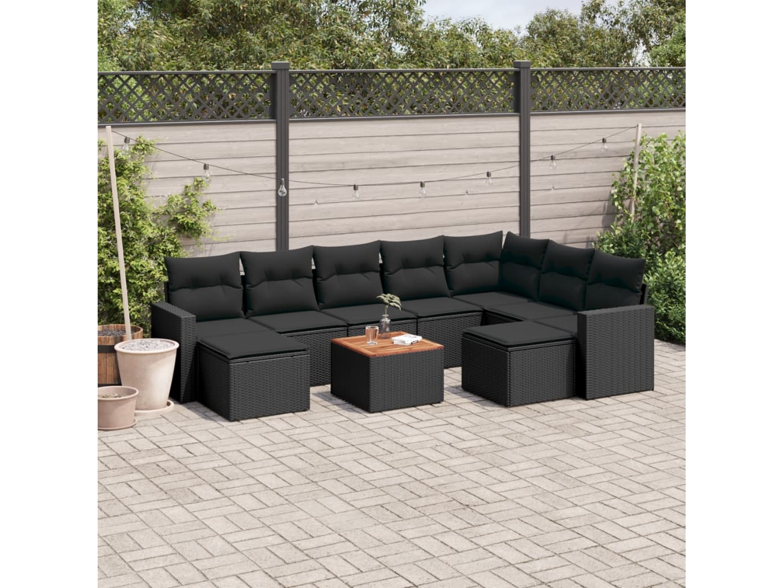 Vidaxl 10 Pcs Conjunto Sofás De Jardim C/ Almofadões Vime Pe Preto