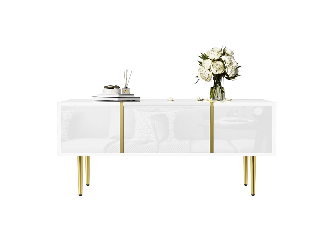 Mesa De Centro Branca Com Alto Brilho, Moderna E Simples, Com 2 Gavetas-hw