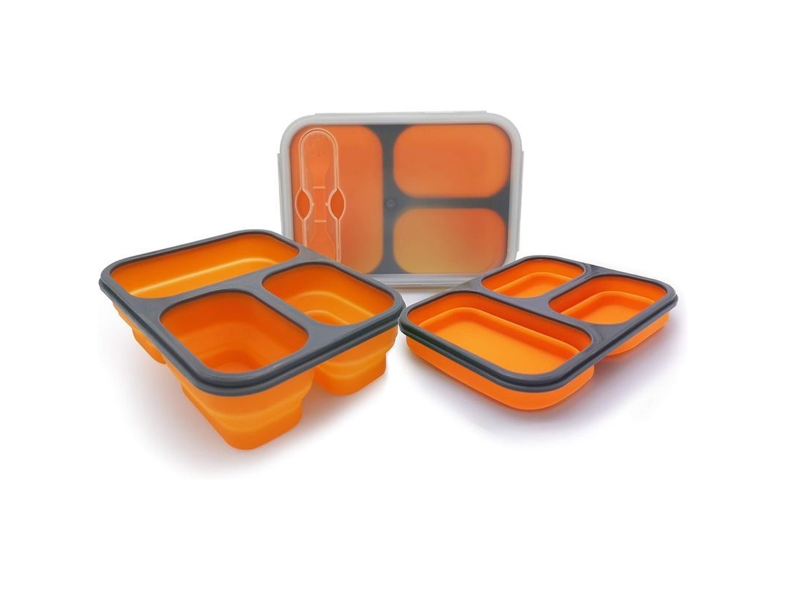 Caja De Almuerzo Plegable Para Niños Sin Bpa Con Tenedor Y Tapa Estanca 3 Compartimentos 1100ml