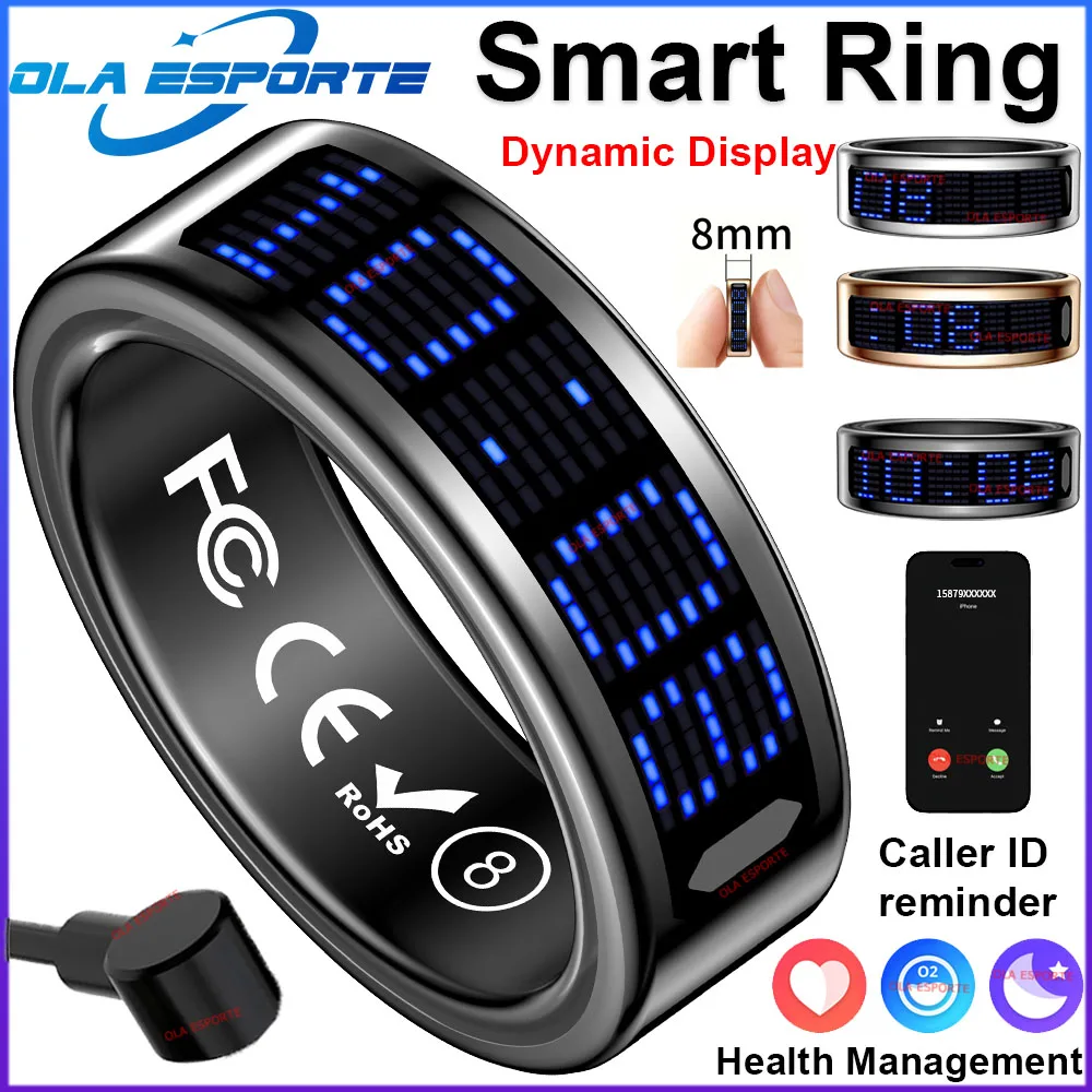 Anel Inteligente MDUG com visor Led, monitoramento de saúde, à prova d'água, tamanho 10 (preto, cabo de carregamento)
