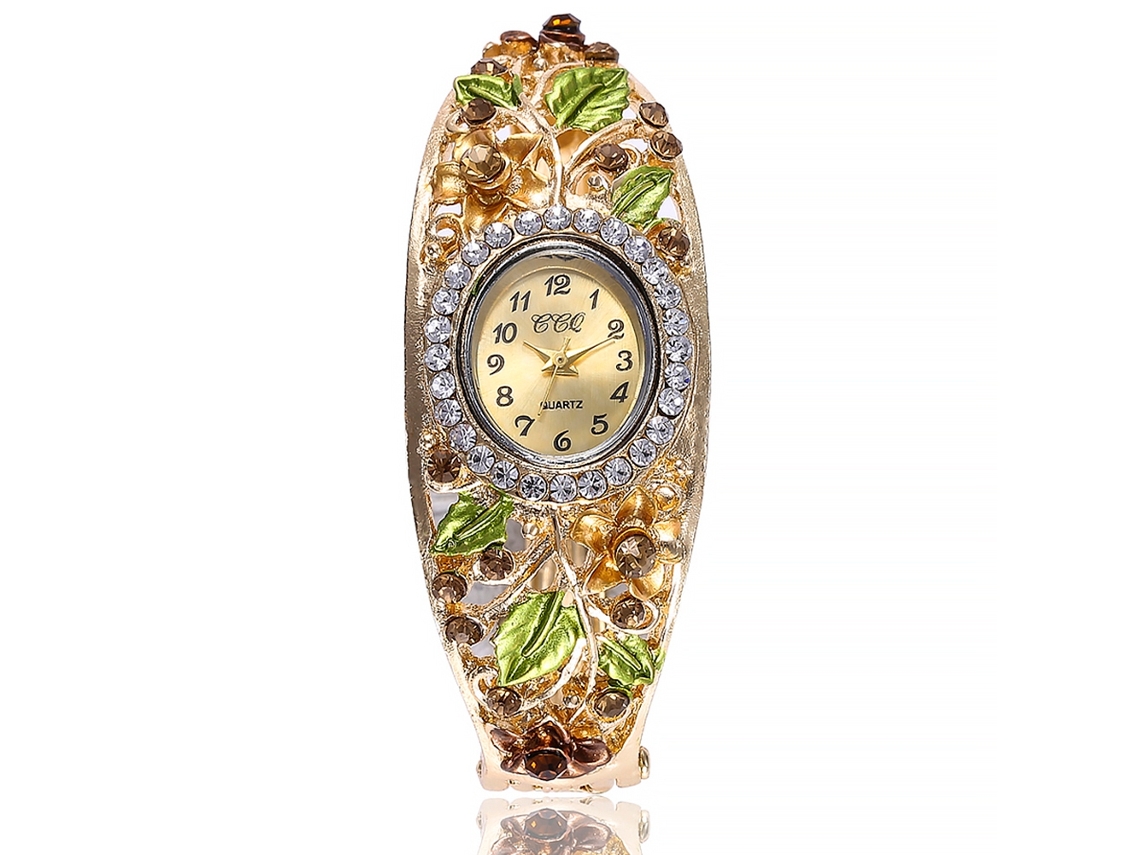 Relógio Pulseira Feminino de Liga com Strass Flor e Folha Quartzo Marrom