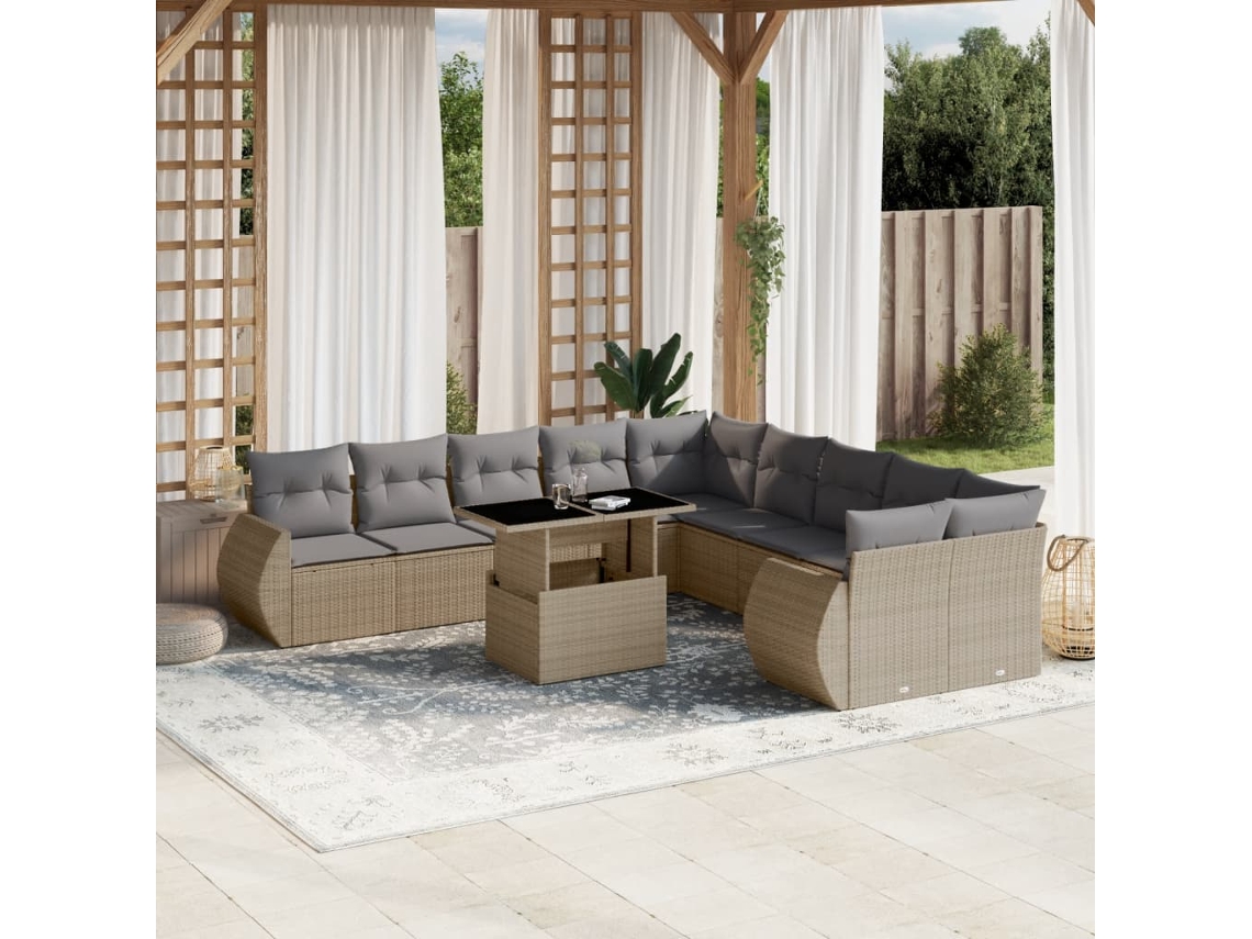 Conjunto de Sofá de Jardim 11 Peças C/ Almofadões Vime Pe Bege Dkd Home Decor