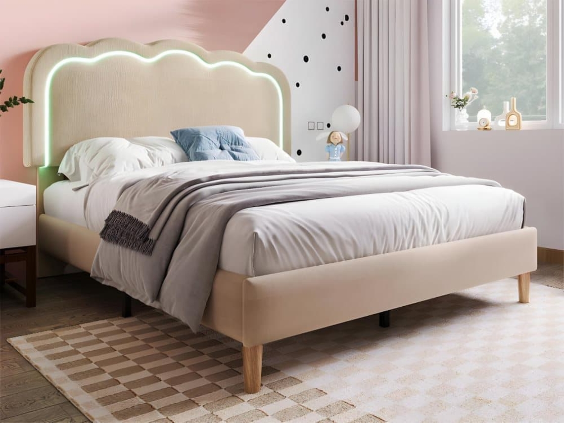 Cama Estofada Em Linho 140x200 - Com Led E Estrado - Bege