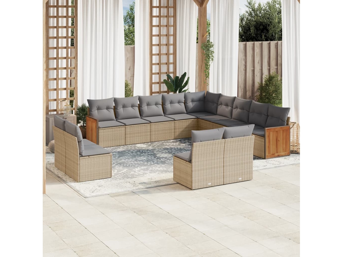 Vidaxl 13 Pcs Conjunto De Sofás P/ Jardim Com Almofadões Vime Pe Bege