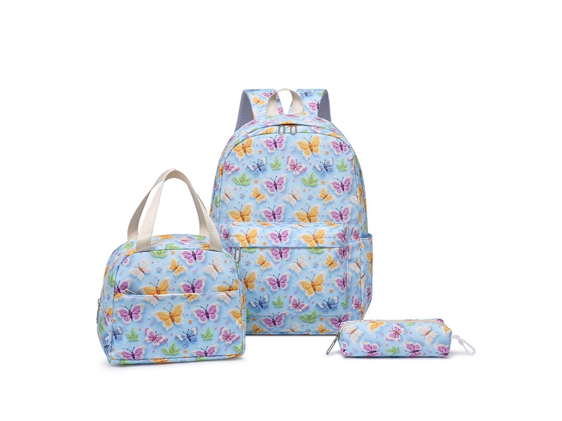 Conjunto De Três Peças De Mochila Com Estampa De Borboleta, Mochila + Bolsa Térmica + Estojo Azul