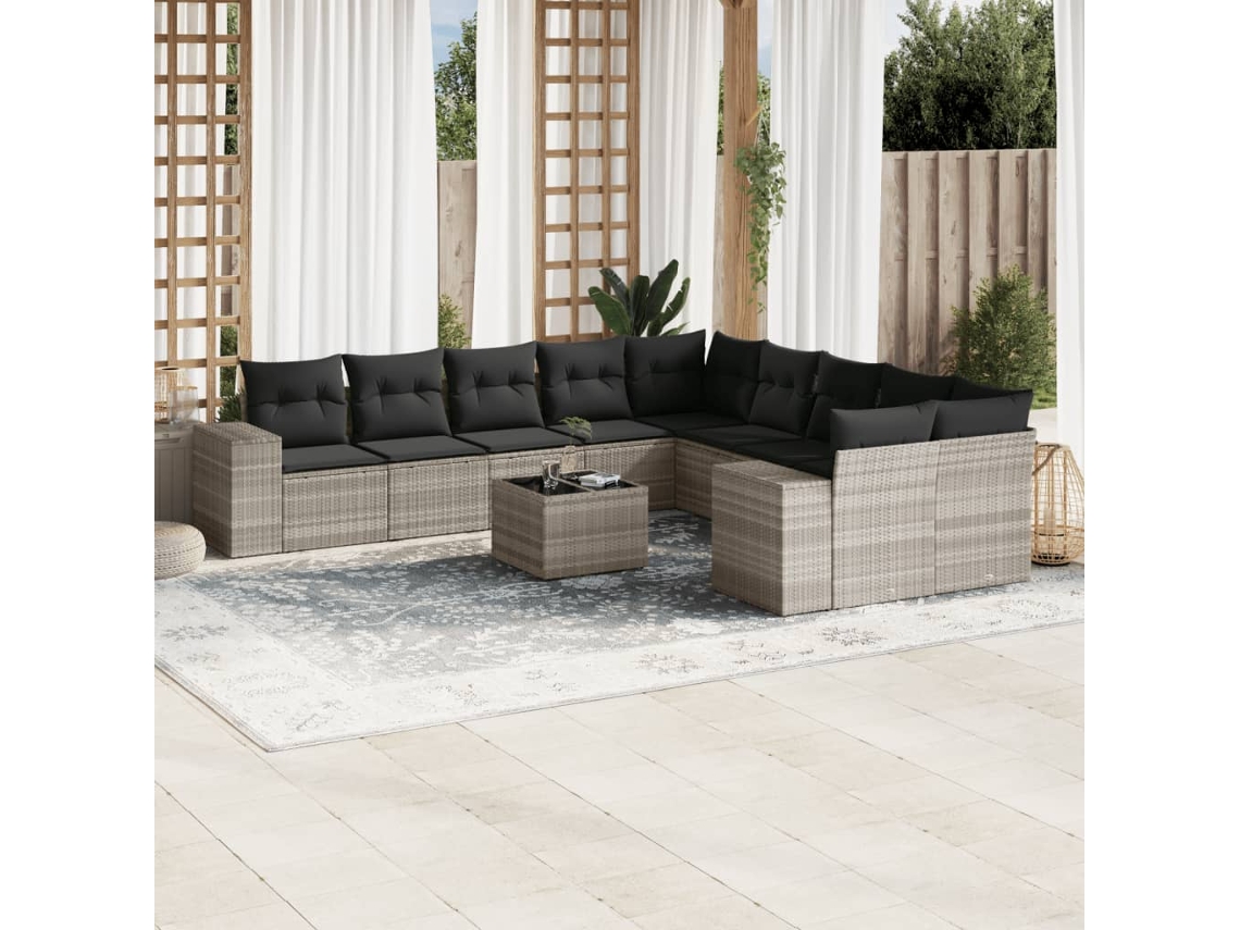 Vidaxl 11 Pcs Conjunto Sofás De Jardim C/ Almofadões Vime Pe Cinzento