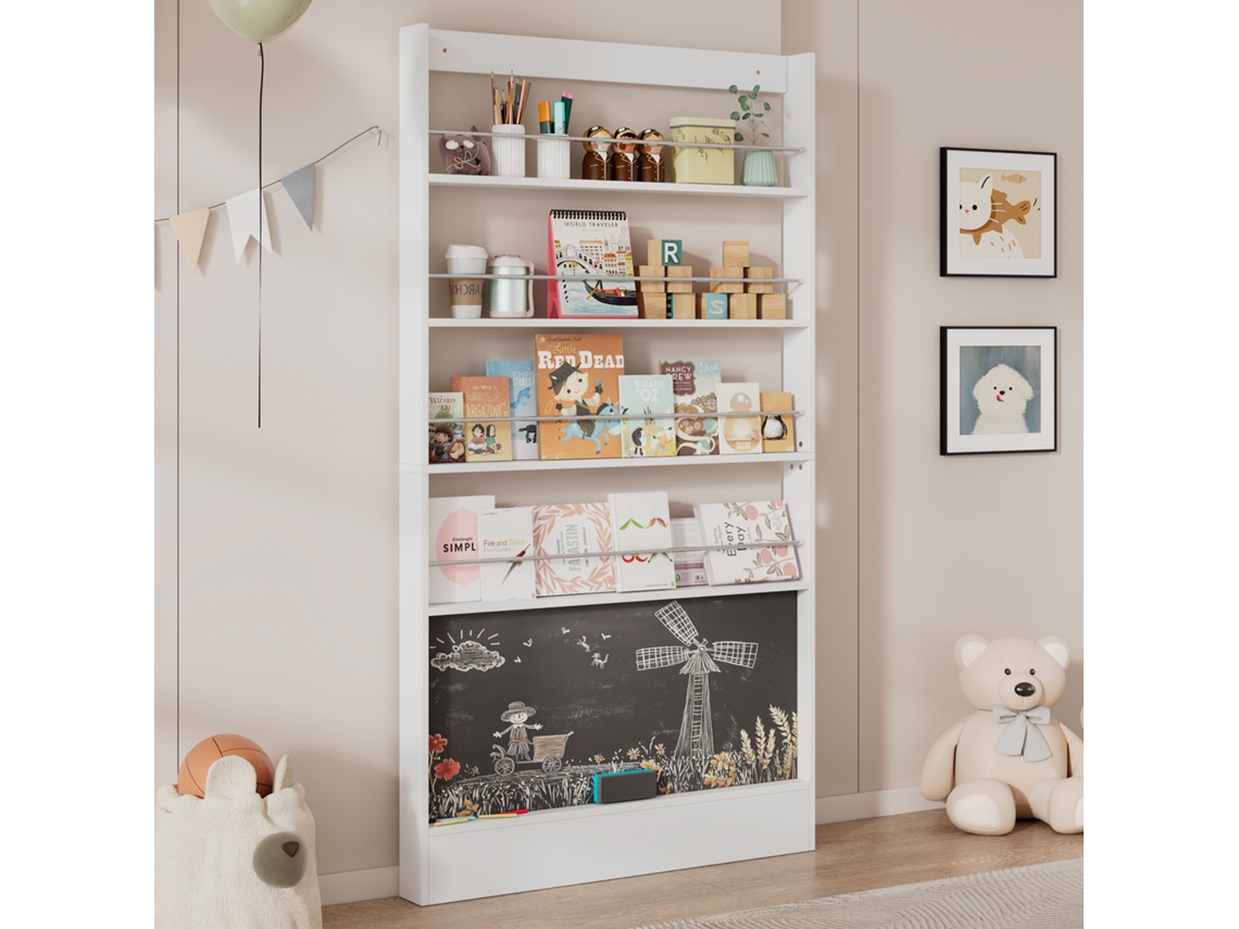 Prateleira Para Livros Infantil 4 Níveis Com Quadro Pintável, Proteção Anti-queda, 100x10x180cm, Para Trás Da Porta, Compacta.