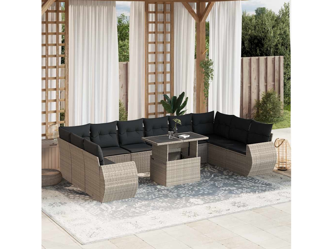 Vidaxl 11 Pcs Conjunto Sofás De Jardim C/ Almofadões Vime Pe Cinzento