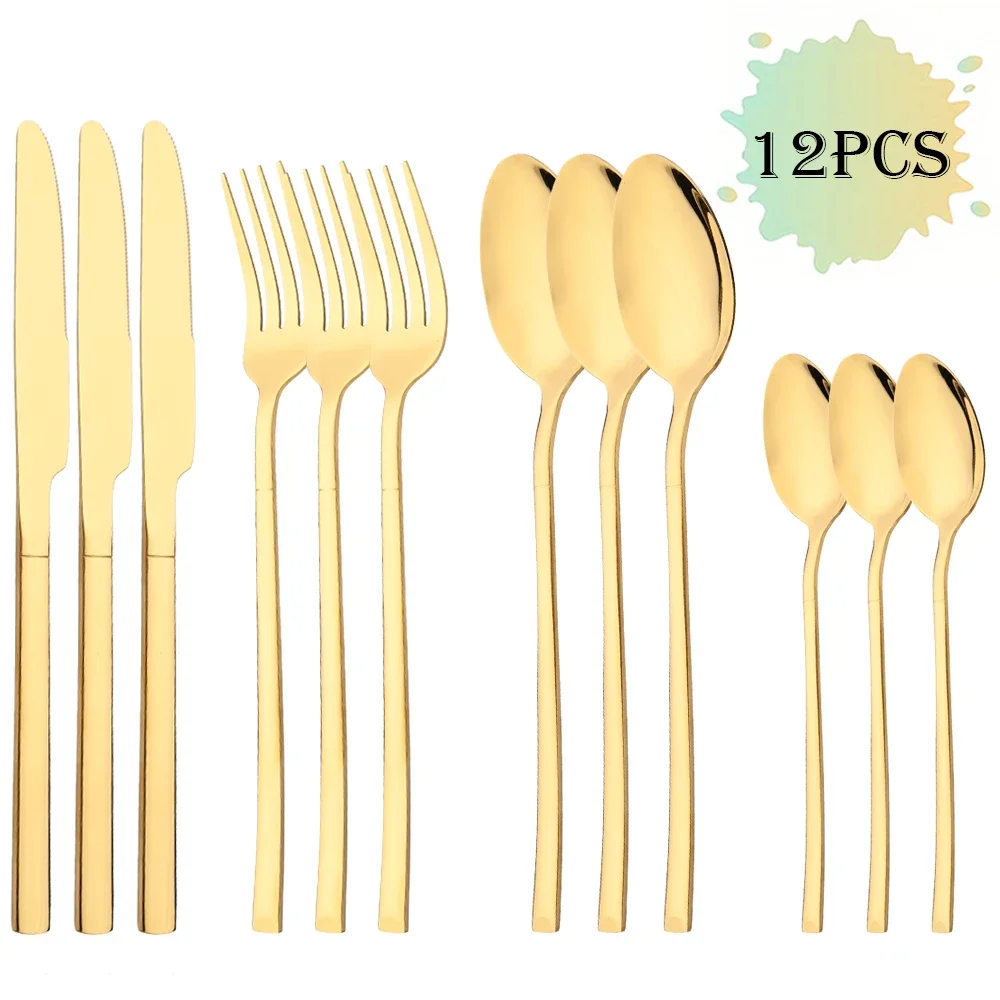 MDUG (conjunto de Talheres Dourados de Aço Inoxidável com 12 Peças, Incluindo Faca, Garfo e Colher de Café)