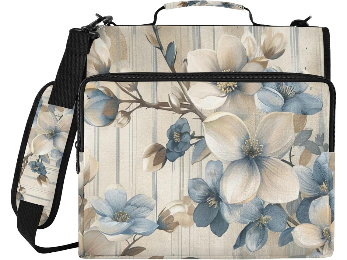 Pasta Organizadora Listrada Floral Com Zíper Escola E Escritório, 3-argolas, Impermeável, Grande Capacidade