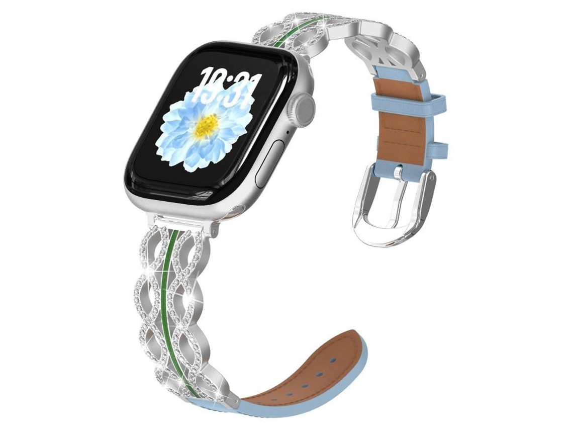 Bracelete para Apple Watch 42/41/40/38mm Híbrida: Aço Inoxidável com Diamantes e Couro Genuíno Prate + Azul Celeste XIAOMOYU