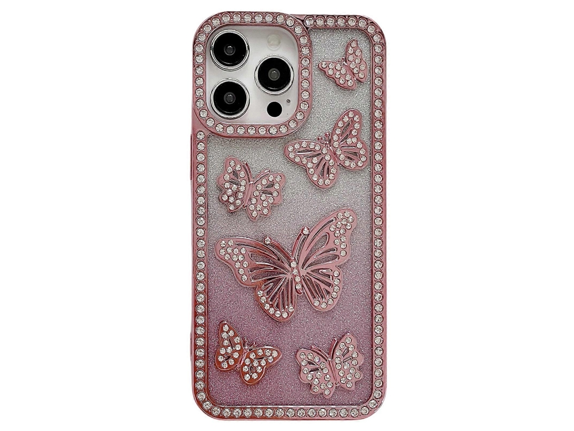 Capa Tkdaddy Para Iphone 15 Pro Max Com Strass E Borboletas, Capa Macia De Tpu Rosa