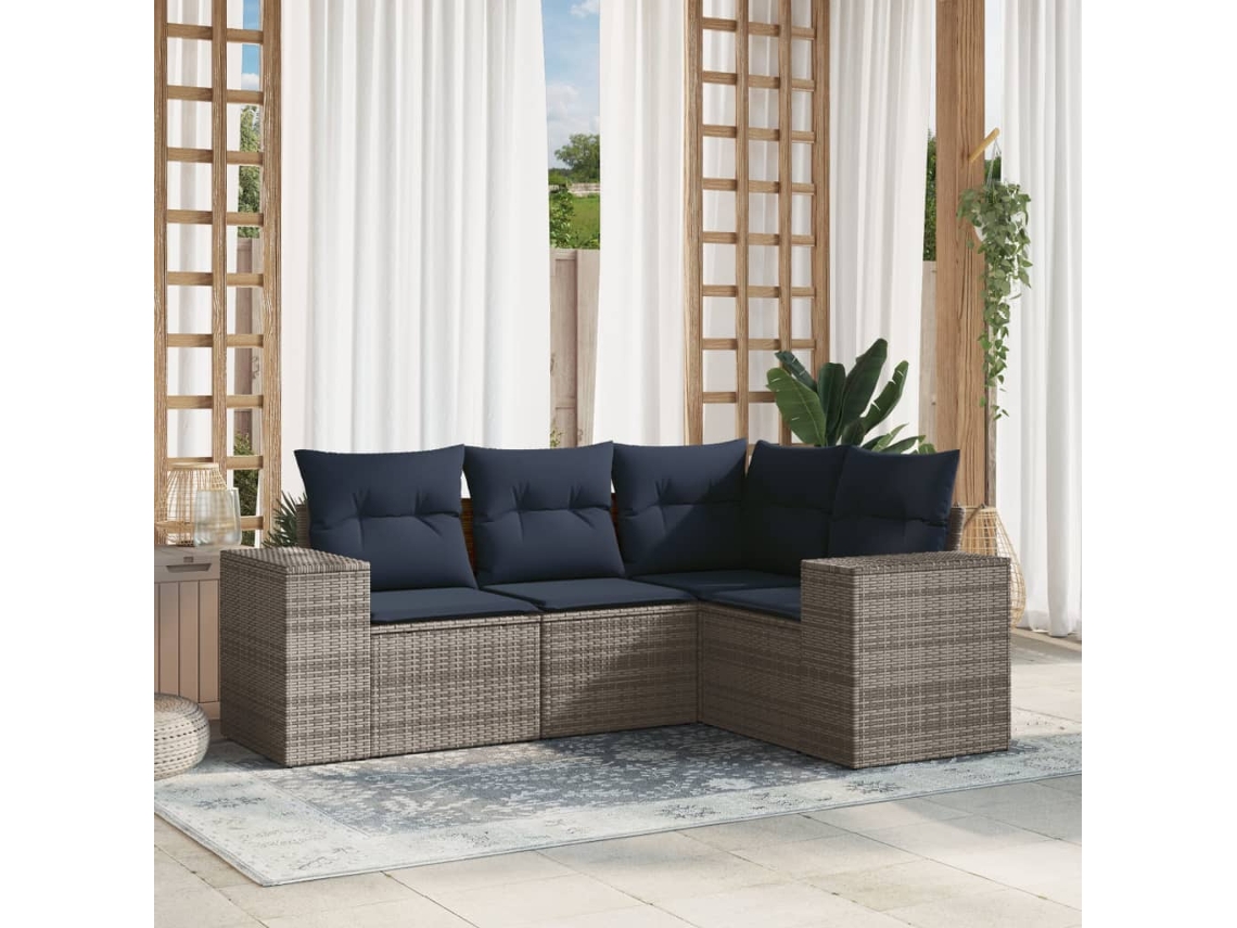 Vidaxl Conjunto De Sofá De Jardim Com 4 Peças E Almofadas Em Rattan Sintético Cinza