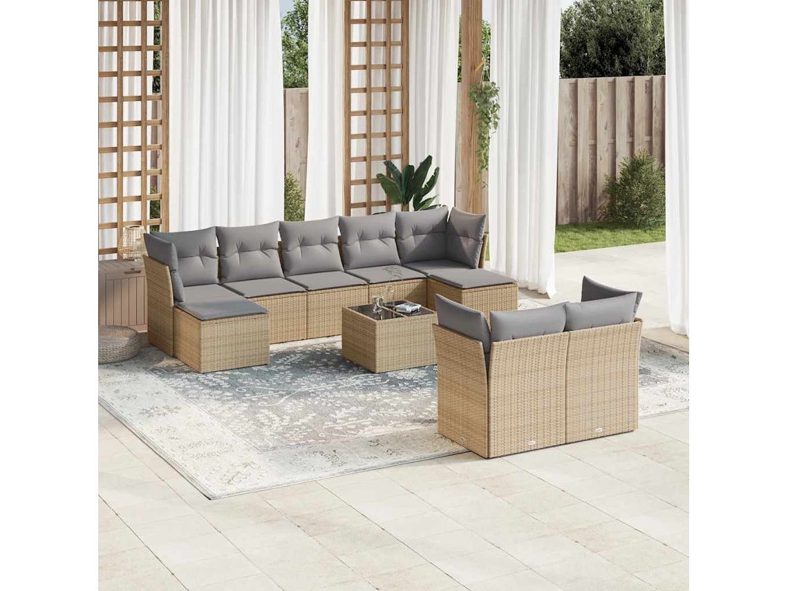 Vidaxl 10 Pcs Conjunto De Sofás P/ Jardim Com Almofadões Vime Pe Bege
