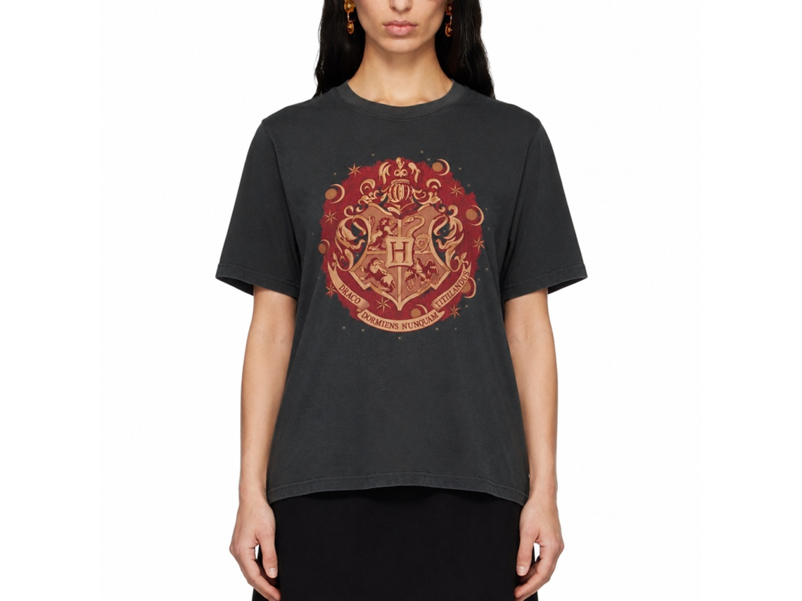 Rockinstone Harry Potter Hogwarts Christmas Badge Black T-shirt Size:m