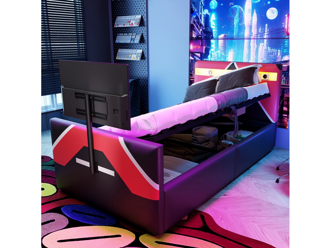 Cama Gaming Infantil 90x200cm hidráulica com led rgb, suporte tv, design esportivo, couro sintético, 150kg, sem colchão, preto KOMHTOM