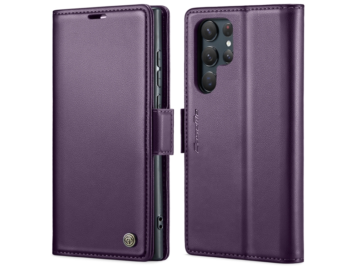 Capa Para Samsung Galaxy S22 Ultra 5g Borboleta Fivela Litchi Textura De Telefone De Couro Rfid Antirroubo Roxo Perolado