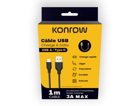 Kcatcpb1 Câble Usb Type C Vers Type A Emballage Original Konrow (1m, 3a, Noir)