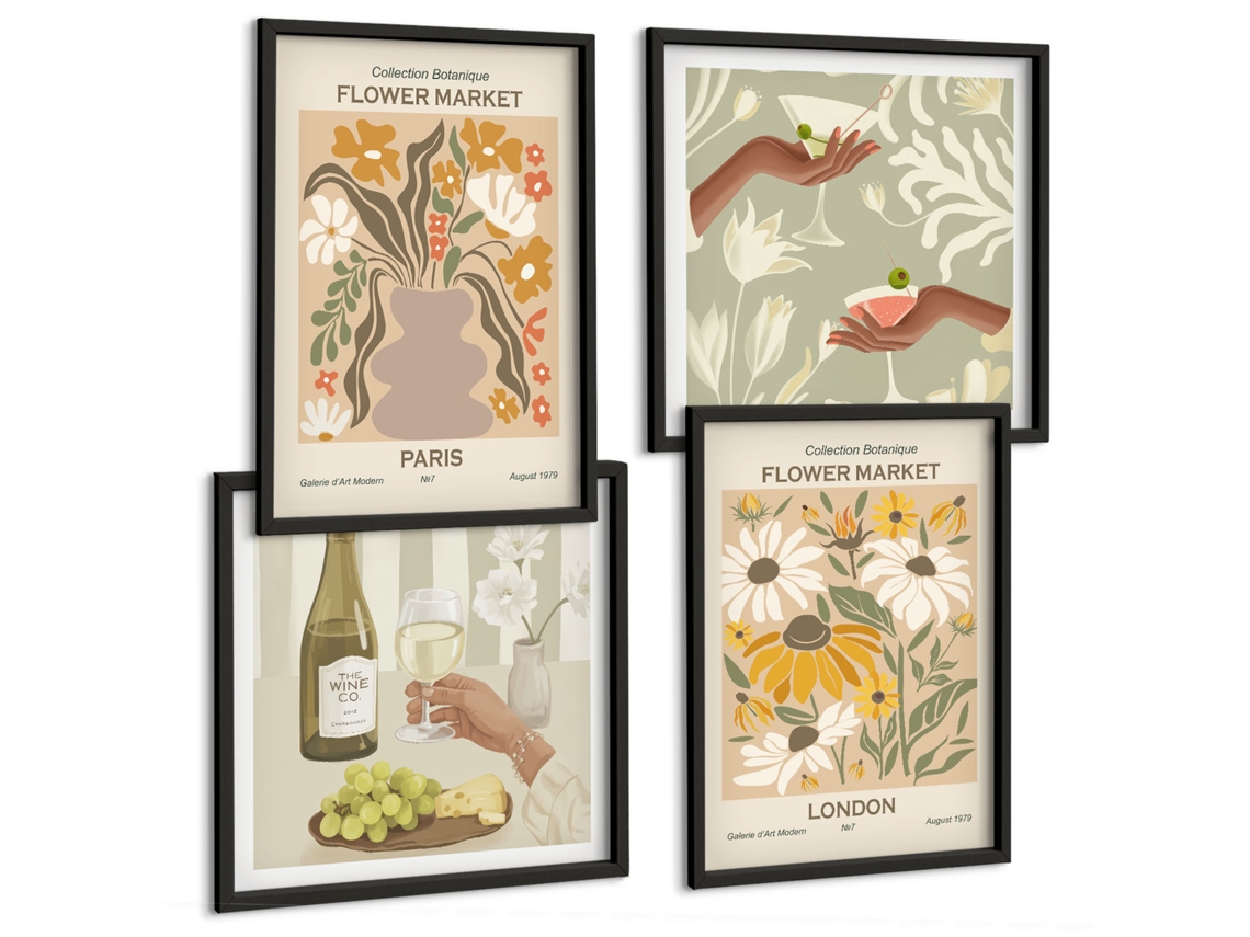 Composição De Quadros Motivos Florais Boho Decorações Espelharte (4 Peças)