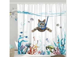 2026 set de Cortina de Ducha Gato Divertido Azul Teal Marino Impermeável 180x180cm com 12 Ganchos