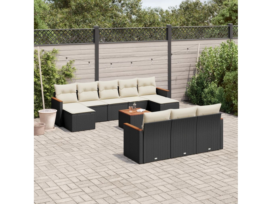 Vidaxl 11 Pcs Conjunto Sofás De Jardim C/ Almofadões Vime Pe Preto
