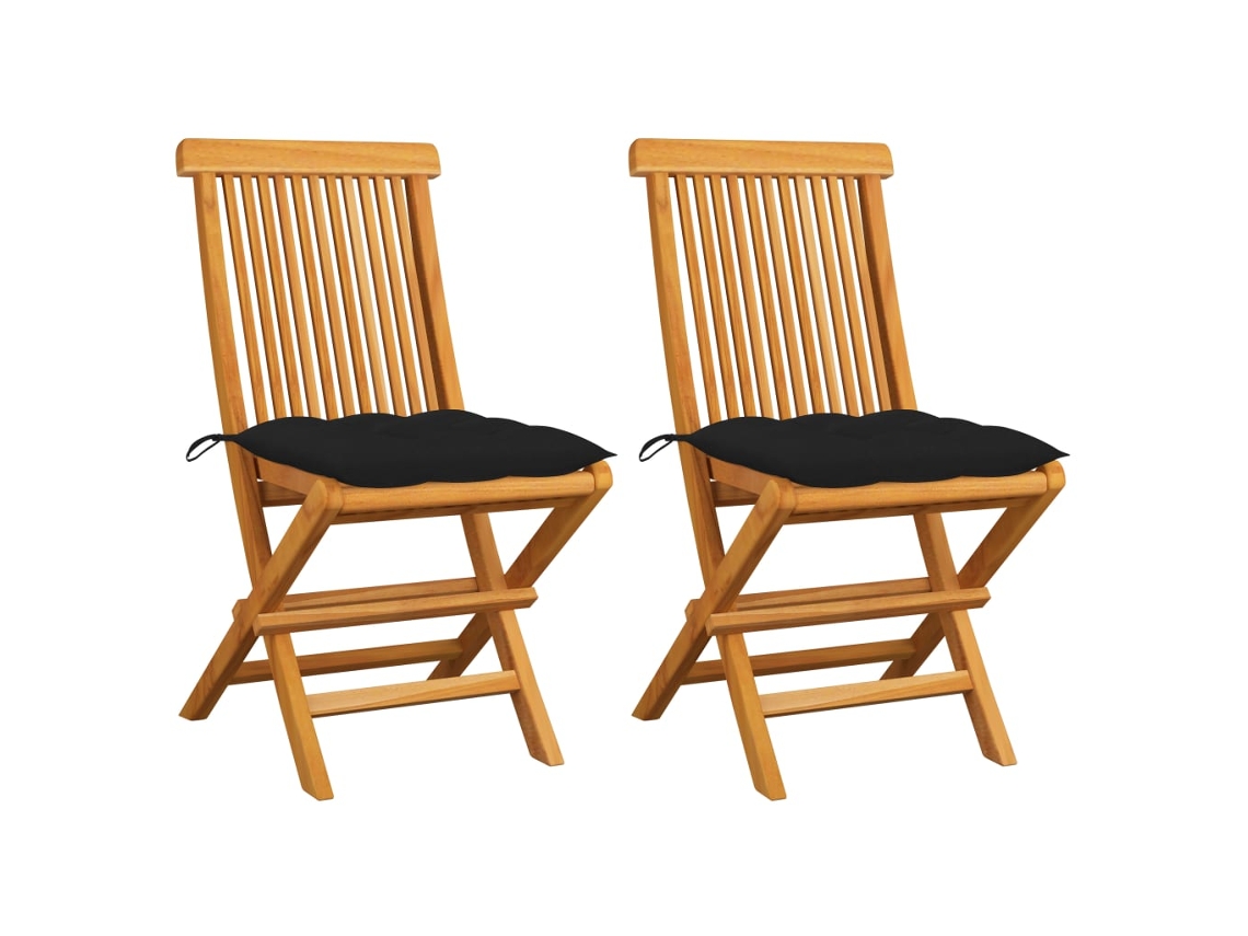 Cadeiras De Jardim C/ Almofadãµes Pretos 2 Pcs Teca Maciã§a DKD HOME DECOR
