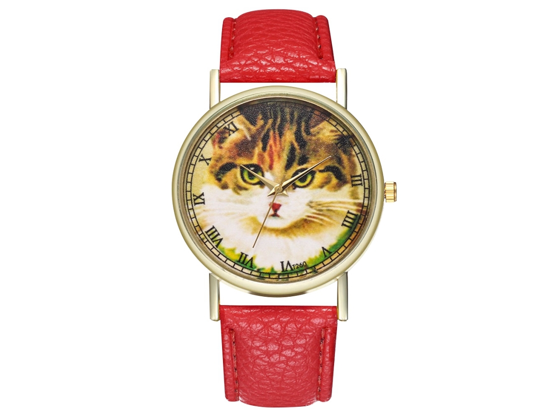 Relógio simples em couro PU para homens e mulheres com mostrador redondo e estampa de gato vermelho.