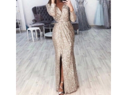 Rebe-vestido Largo Com Strass, Colo V Profundo, Manga Longa E Decote Lateral Para Festa Noturna Feminina L Oro