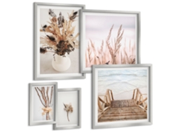 Quadros Decorativos Para Parede Formas Abstratas Em Bege E Cinza Moldura Prateada Quadros Para O Escritório Espelharte (conjunto De 5 Imagens)